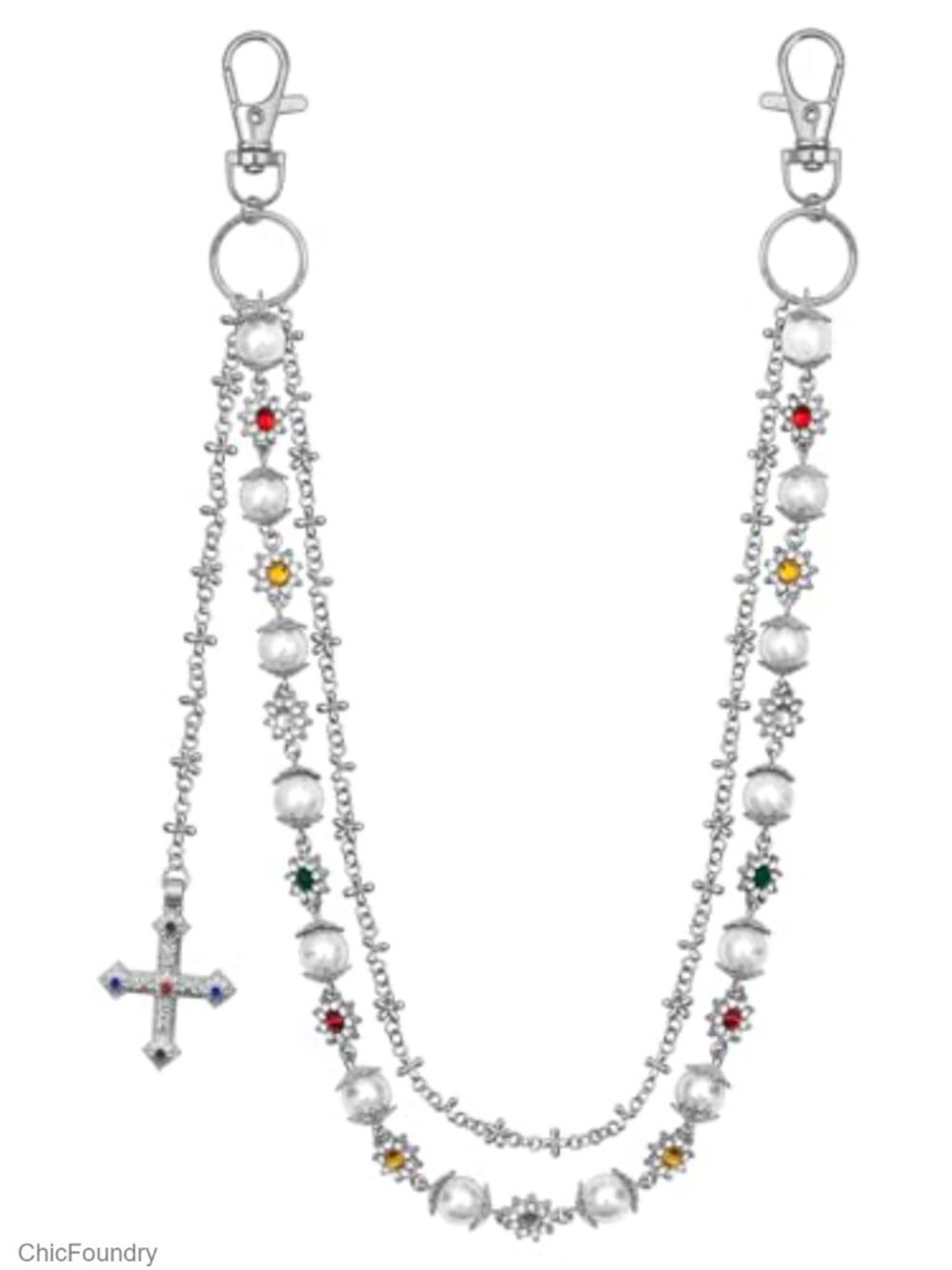 Punk Layered Pants Chain with Rhinestone Flower & Pearl for Wallet Keys